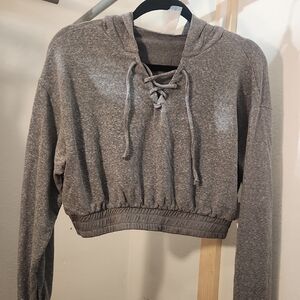 Gray Lace-Up Hoodie Crop Top